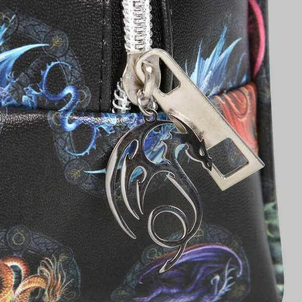 Black cosmetic toiletry bag zipper pull with silver dragon charm on colorful dragon print