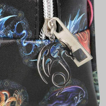 Black cosmetic toiletry bag zipper pull with silver dragon charm on colorful dragon print