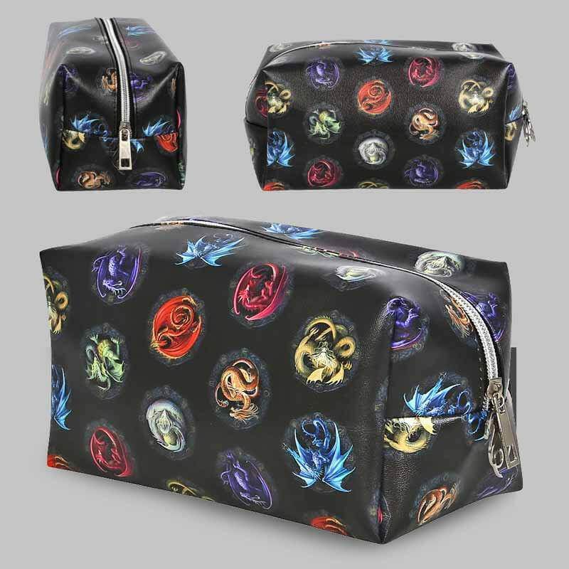 Black cosmetic toiletry bag shown from multiple angles with colorful dragon emblem print