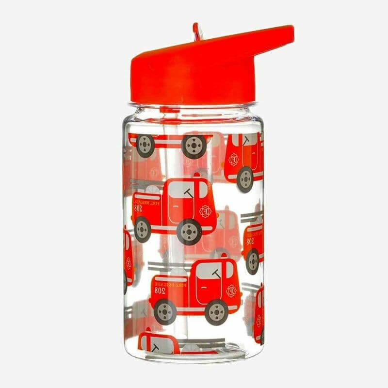 Red transport truck-print drinking bottle with red flip-top lid