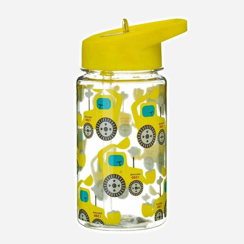 Yellow digger-print drinking bottle with yellow flip-top lid