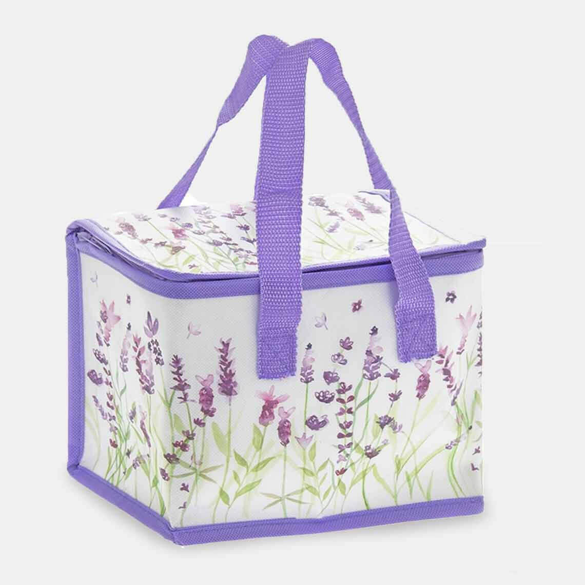 Lavender floral insulated cooler bag with front zipper and carry handles