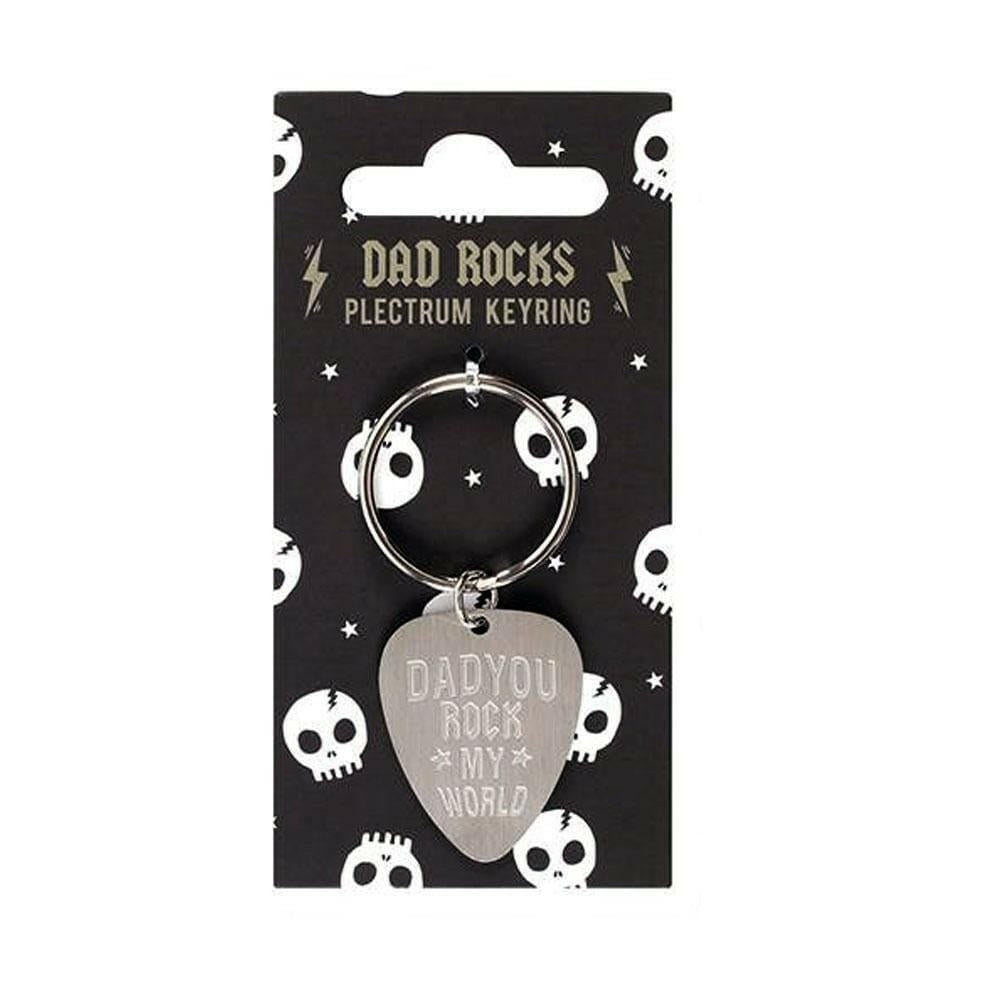 Plectrum keyring with metal ring and heart charm reading "Daddy You Rock My World"