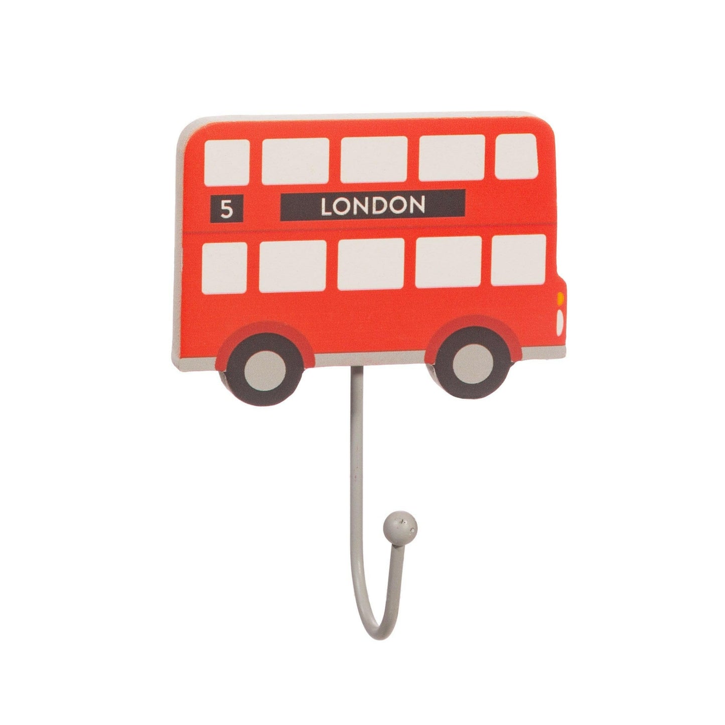 Red London bus wall hook with grey hanging cord and round base