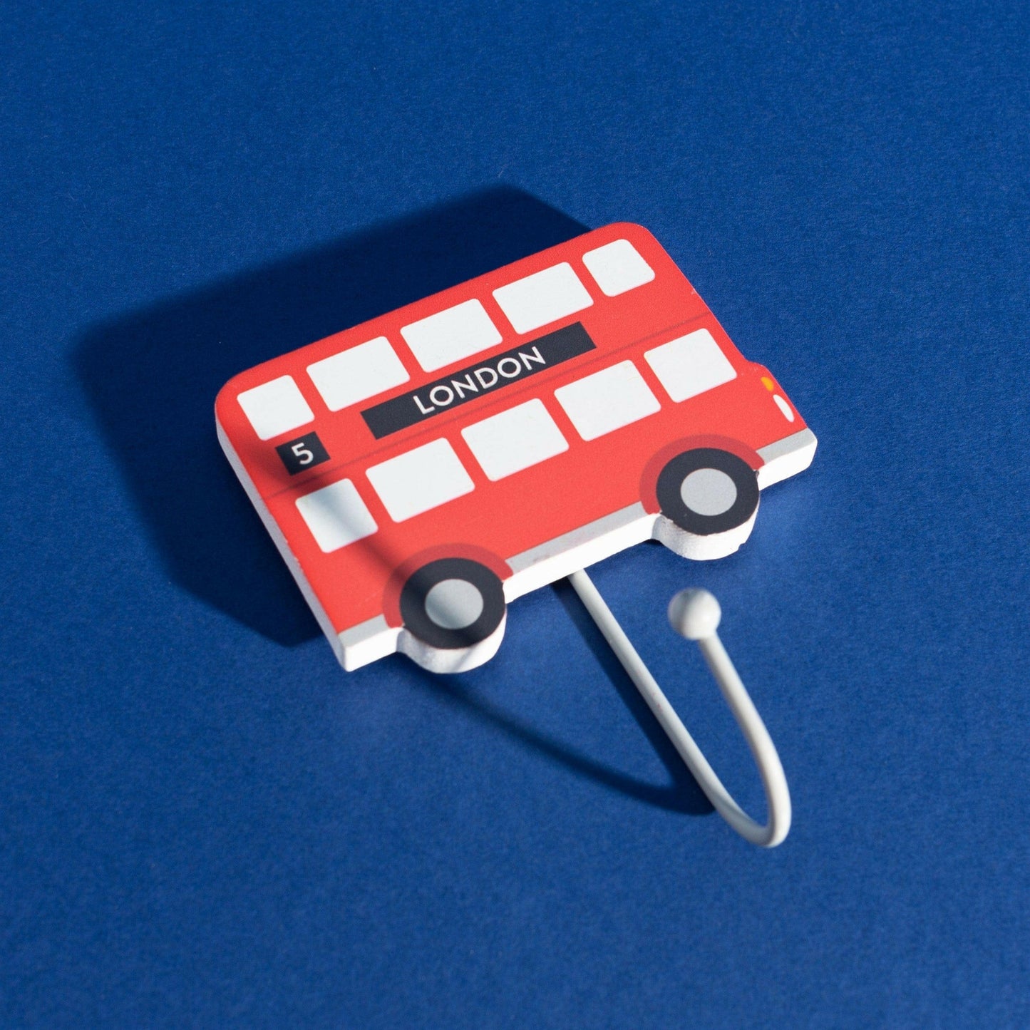 Red London bus wall hook with grey cord and two circular base knobs