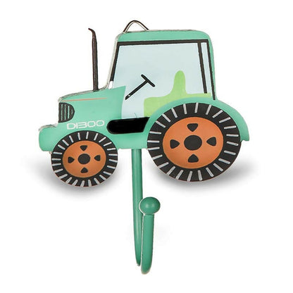 Green tractor wall hook with orange wheel details and green dangling hook