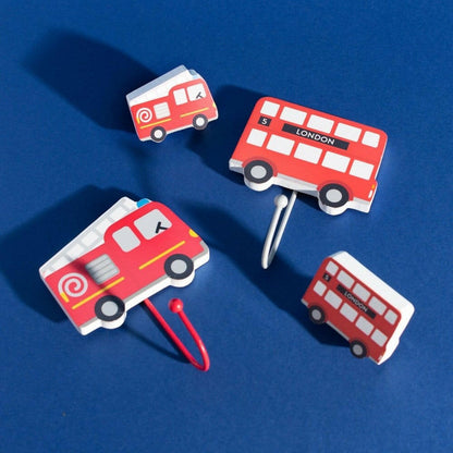 Set of kids vehicle drawer knobs and wall hooks, including red London bus