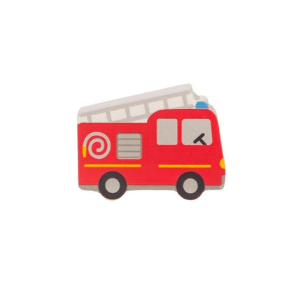 Red fire truck drawer knob with cream side panels and dark wheels