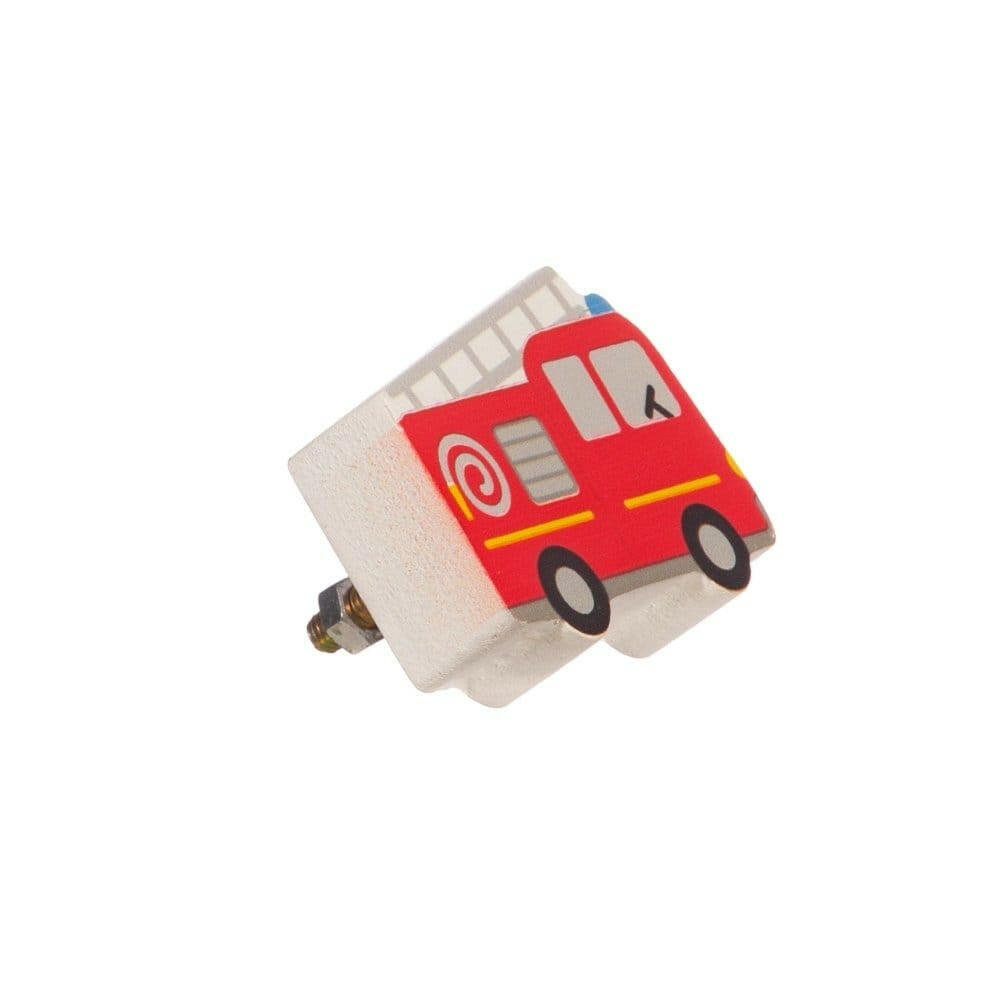 Red fire truck drawer knob angled on cream base with metal mounting stud