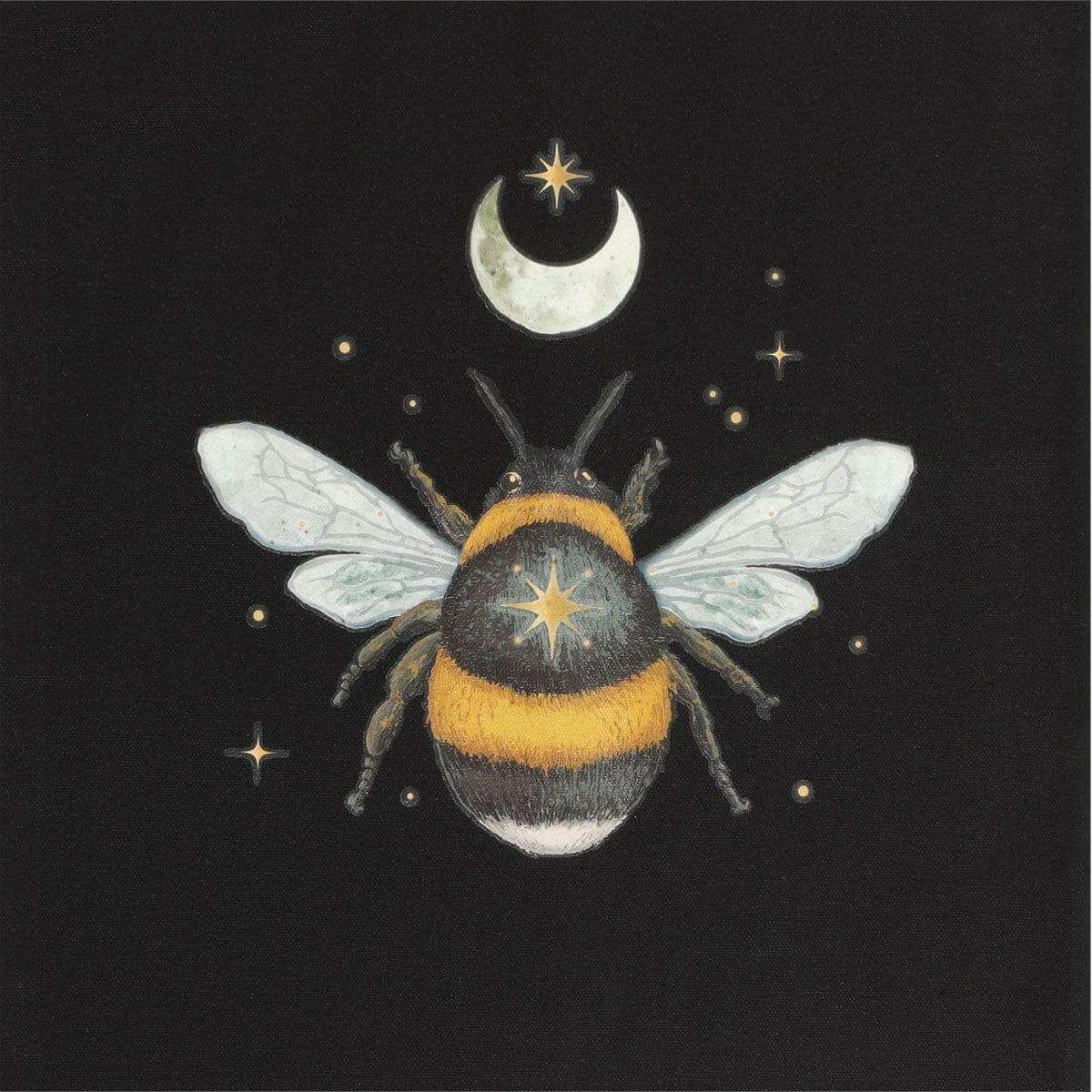 Black cotton tote bag close-up: moon and bee graphic print