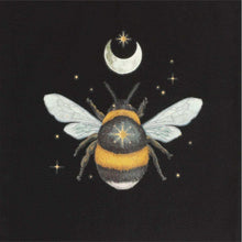 Black cotton tote bag close-up: moon and bee graphic print