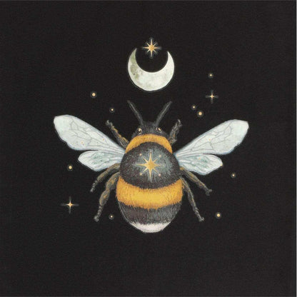Black cotton tote bag close-up: moon and bee graphic print