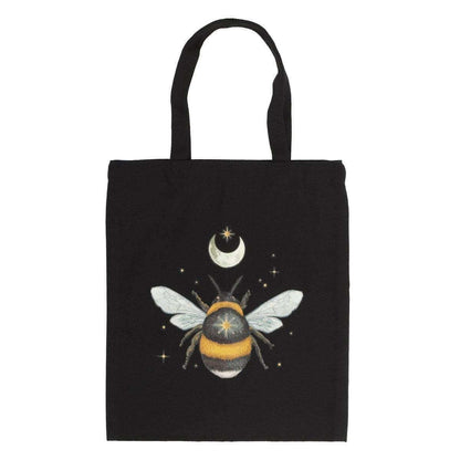 Black cotton tote bag front with moon and bee illustration