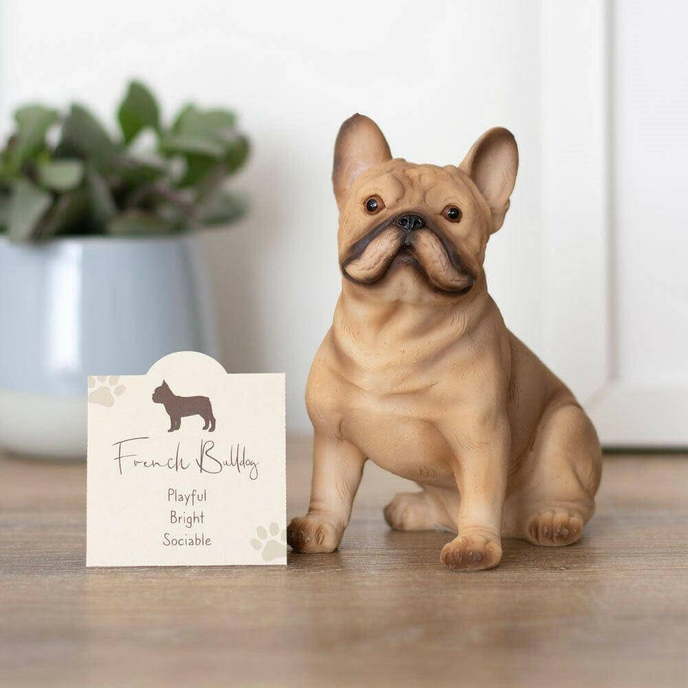 French Bull Dog ornament figurine with sentiment card beside it