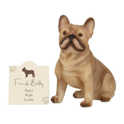 French Bull Dog ornament figurine with sentiment card beside it