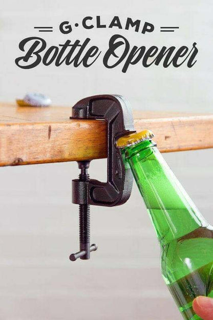 G-Clamp Bottle Opener branding above a clamp-style bottle opener holding a green bottle