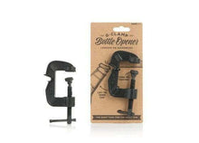 G-Clamp bottle opener with clamp handle, shown with brown product box card