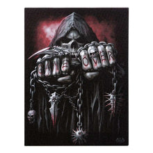 Grim reaper wall canvas plaque with skull, heavy chains, and 'OVER' lettering