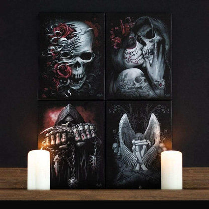 Grim reaper wall canvas plaque set of four with skull and chain artwork in dark tones