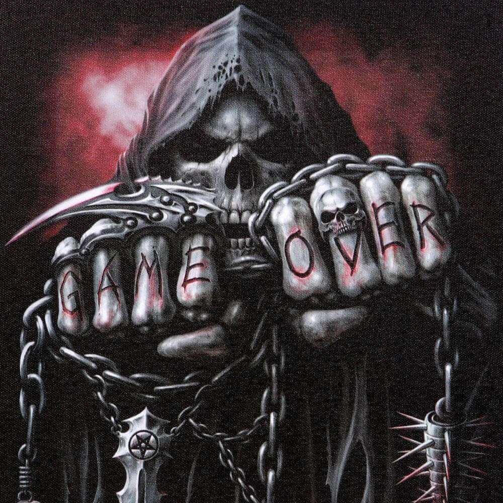 Grim reaper wall canvas plaque closeup showing skull face, chains, and 'OVER' text