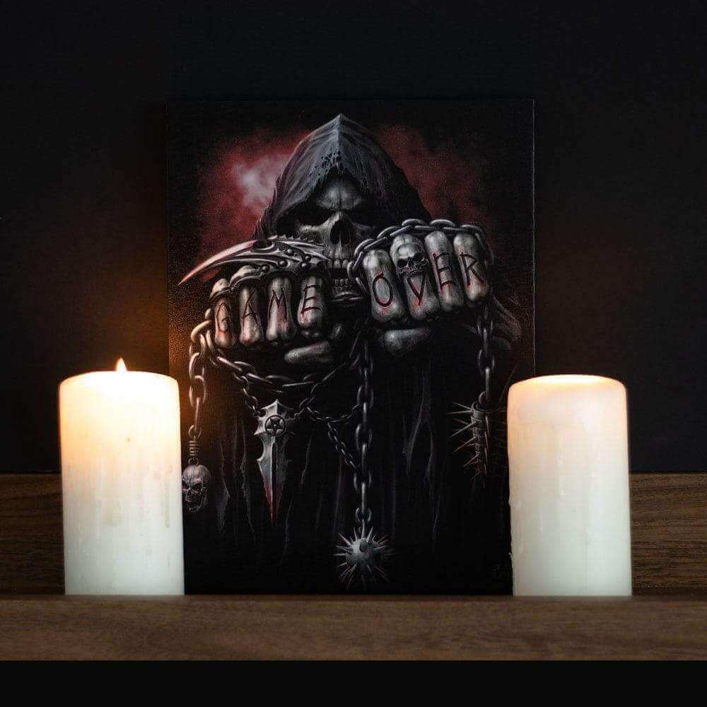 Grim reaper wall canvas plaque featuring hooded skull and spiked chains artwork