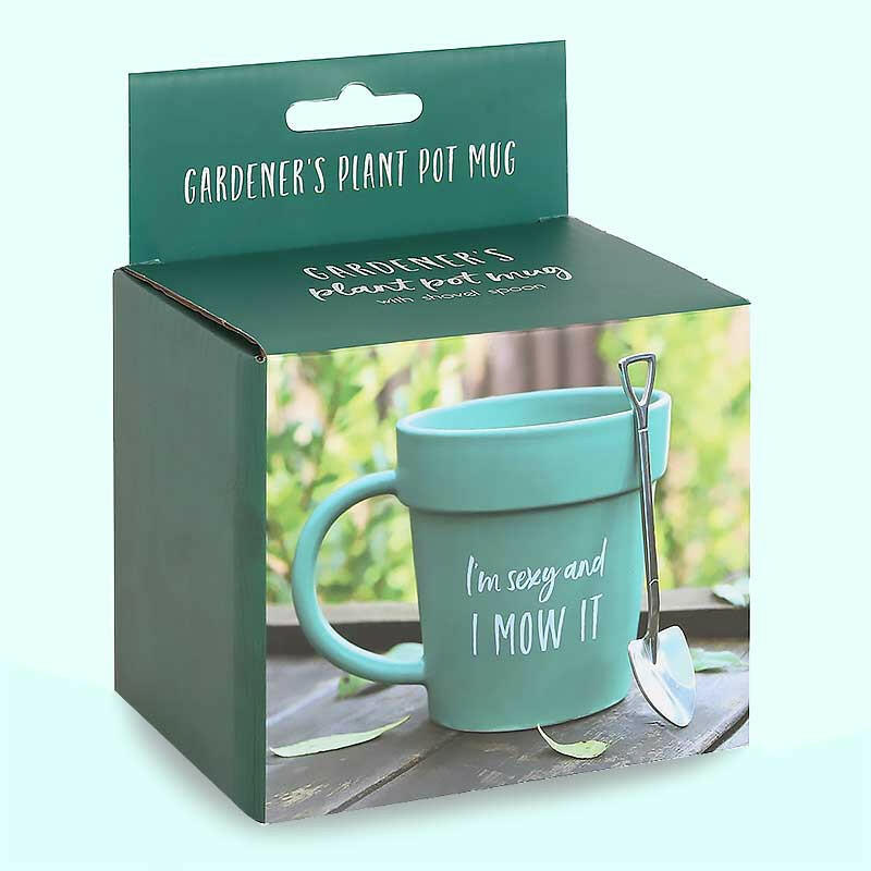 Gardener's plant pot mug gift box showing teal mug with shovel spoon, "I'm sexy and I MOW IT"