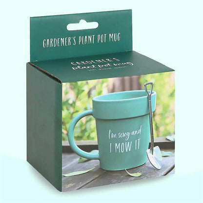 Gardener's plant pot mug gift box showing teal mug with shovel spoon, "I'm sexy and I MOW IT"