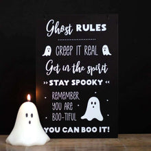 Ghost rules hanging sign plaque, black with white lettering and ghost icon, hanging loop