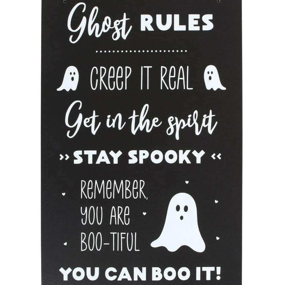 Ghost rules hanging sign plaque, black with white 'Ghost rules' script and ghost icon