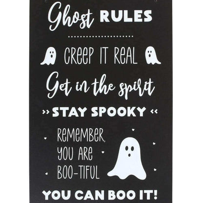 Ghost rules hanging sign plaque, black with white 'Ghost rules' script and ghost icon