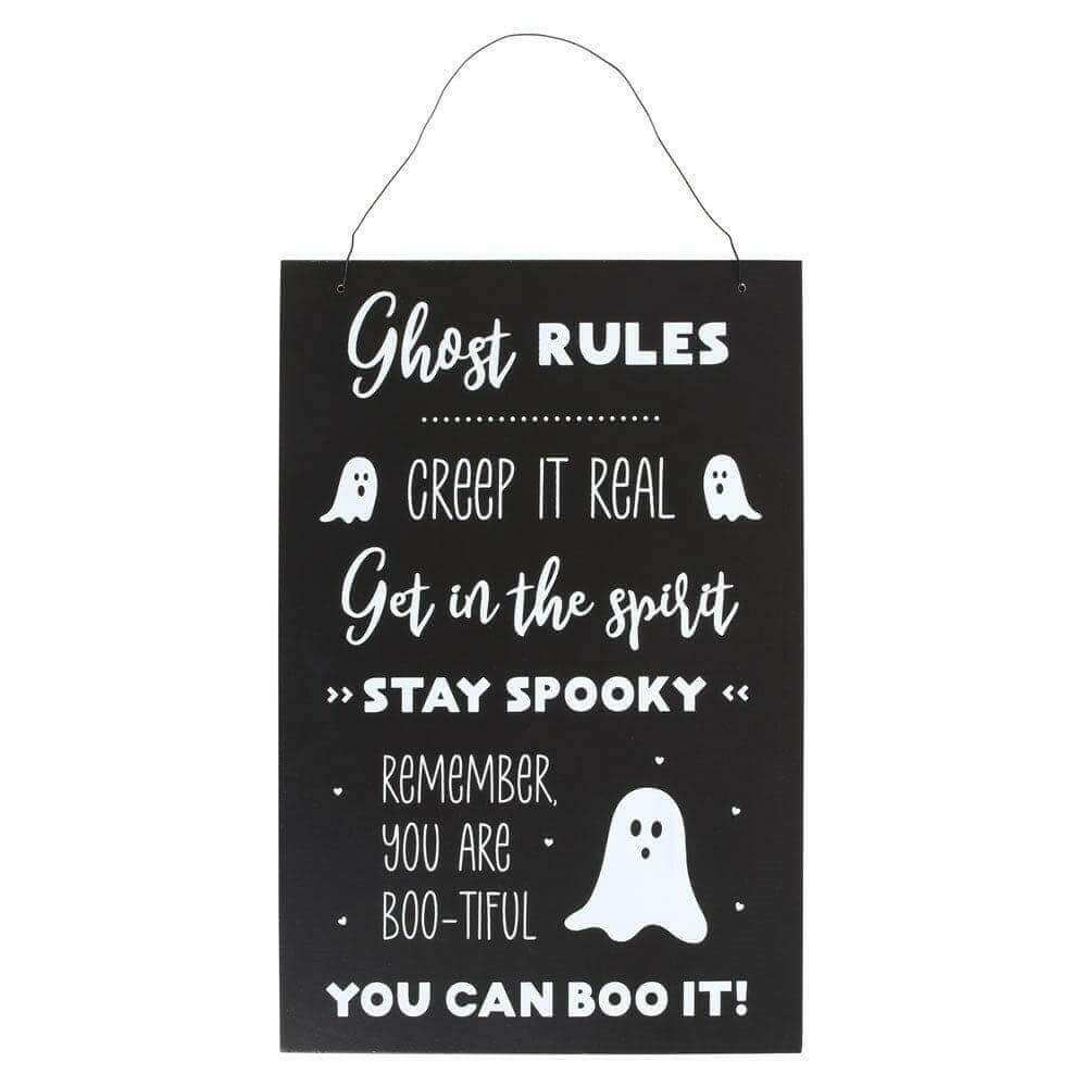 Ghost rules hanging sign plaque, black with white script text, ghost icons, hanging loop
