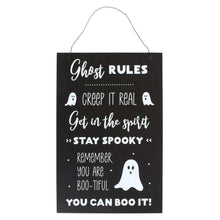 Ghost rules hanging sign plaque, black with white script text, ghost icons, hanging loop