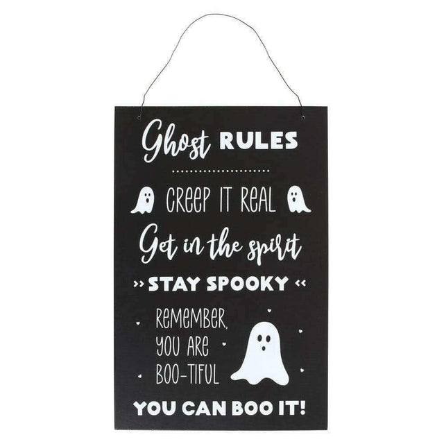 The Fashion Gift Shop: Halloween Plaque Ghost Rules Hanging Sign, Hey Boo Decor by Spirit of equinox, Halloween Sign