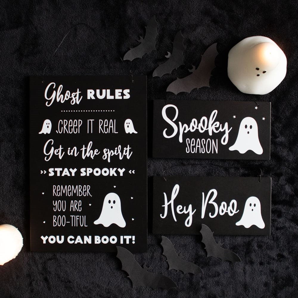 Ghost Rules Hanging Sign, Hey Boo, Halloween Plaque - Halloween Sign by Spirit of equinox
