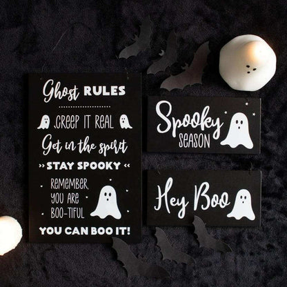 Halloween hanging plaque set: 'Ghost rules', 'Spooky Season', and 'Hey Boo' on black