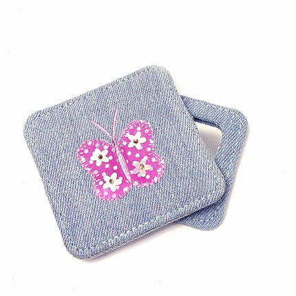 Girls Denim Look Compact Mirror with Butterfly Design - Compact Mirror by Fashion Accessories