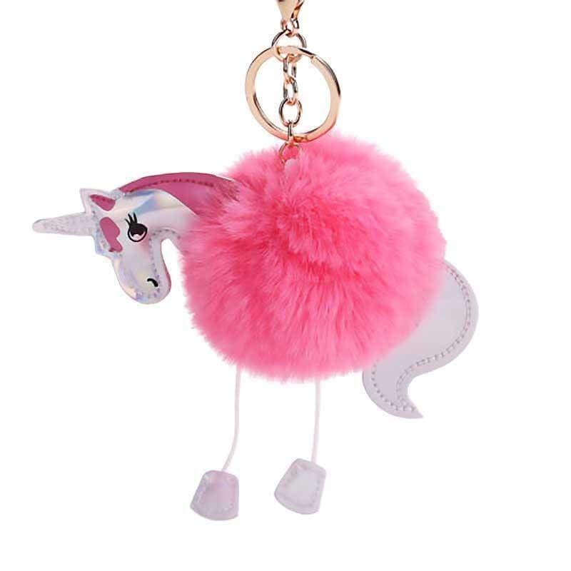 Girls Ladies Unicorn Pom Pom Keyring Soft Fluffy Faux Fur Handbag Bag Charm - Bag Charms & Keyrings by Fashion Accessories