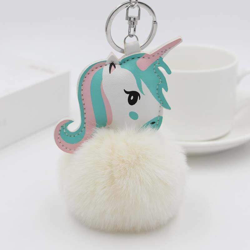 Girls Unicorn Soft Fluffy Pom Pom Faux Fur & Faux Leather Bag Charms - Bag Charms & Keyrings by Fashion Accessories