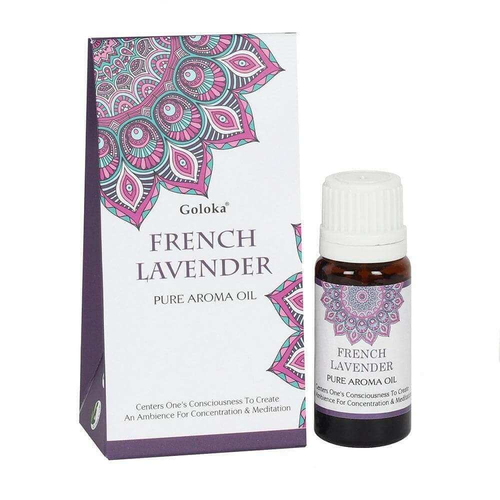 French lavender aroma oil bottle with patterned label and matching product box