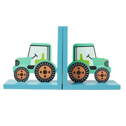 Green tractor bookends set with tall blue divider panel and light book support