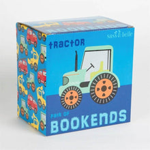 Tractor bookends pair box with blue design, colorful vehicles, and bookend branding