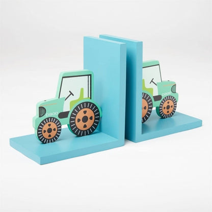 Green Tractor Bookends Child Transport Bedroom Decor - Wall Hooks & Drawers by Sass & Belle