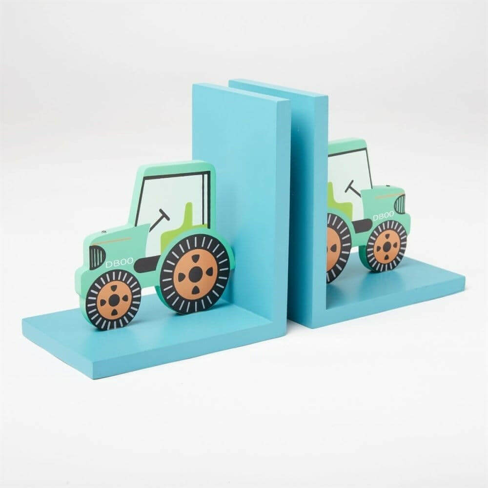 Wooden-style green tractor bookends with blue base holding upright books