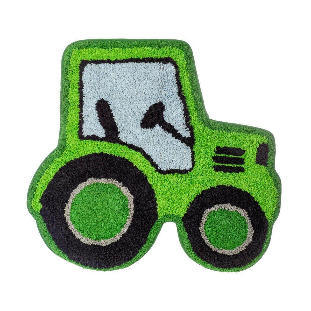 Green farmyard child bedroom rug with green tractor and panda-face cabin, black wheels