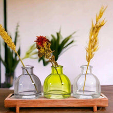 Set of 3 mini bud vases with stems: smoky grey, lime green, and clear.