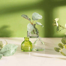 Set of 3 mini glass bud vases: smoky grey, lime green, and clear glass.