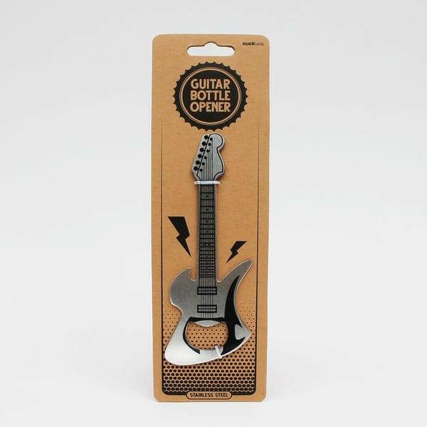 Brushed stainless steel guitar bottle opener on retail card packaging.