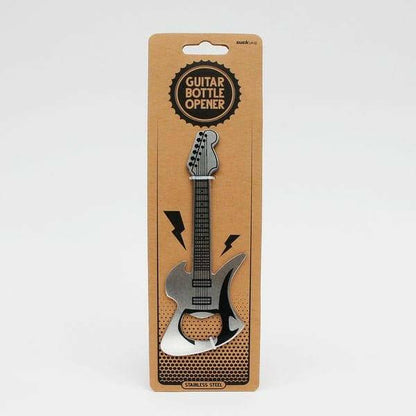Brushed stainless steel guitar bottle opener on retail card packaging.