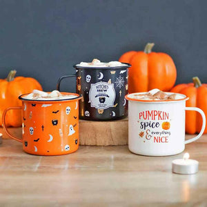 The Fashion Gift Shop: Halloween Enamel Mugs - Witches - Pumpkins - Ghost and Ghouls, Hot Cocoa Mug by Jones Home & Gifts, Mugs and Cups