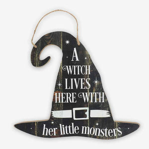 The Fashion Gift Shop: A Witch Lives Here With Her Little Monsters Hanging Sign by Spirit of equinox, Halloween Sign